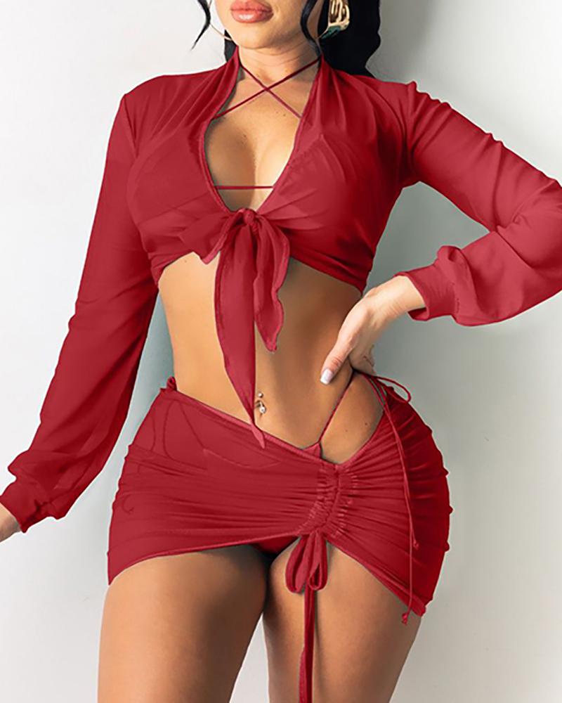 

4PCS Sunscreen Drawstring Bikini Set, Wine red
