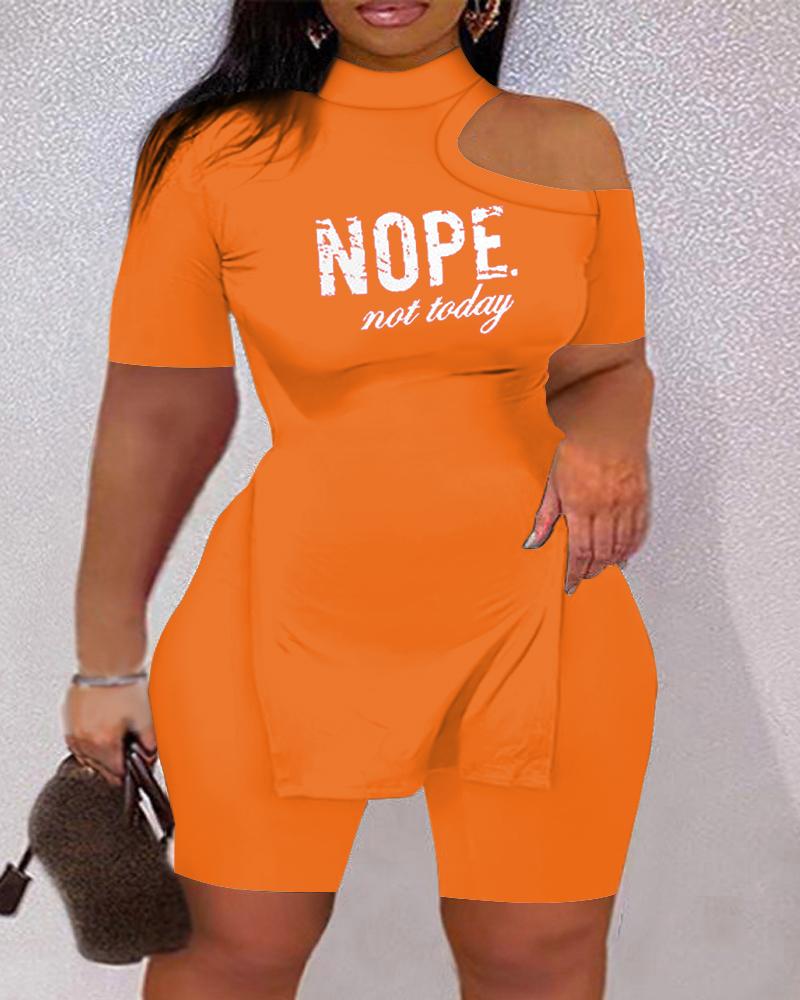 

Nope Not Today Print Cold Shoulder Top & Shorts Set, Orange