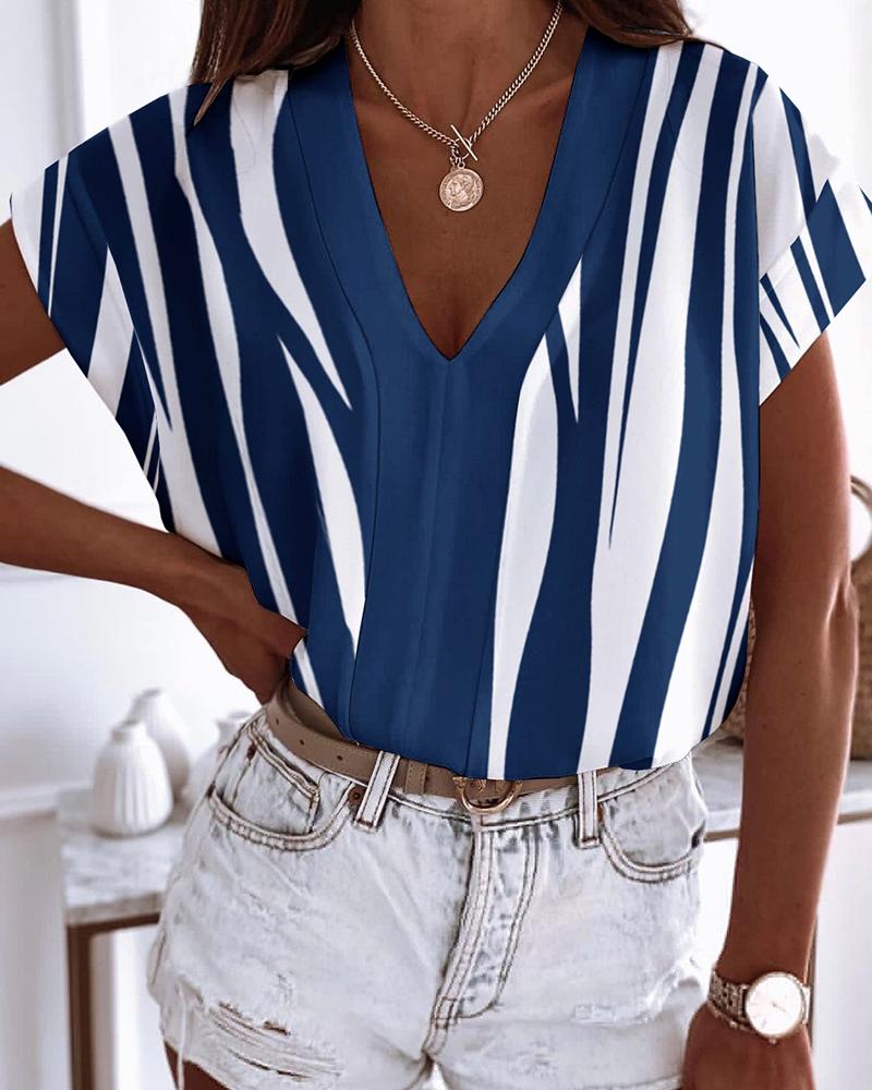 

Striped Print Short Sleeve Casual Top, White