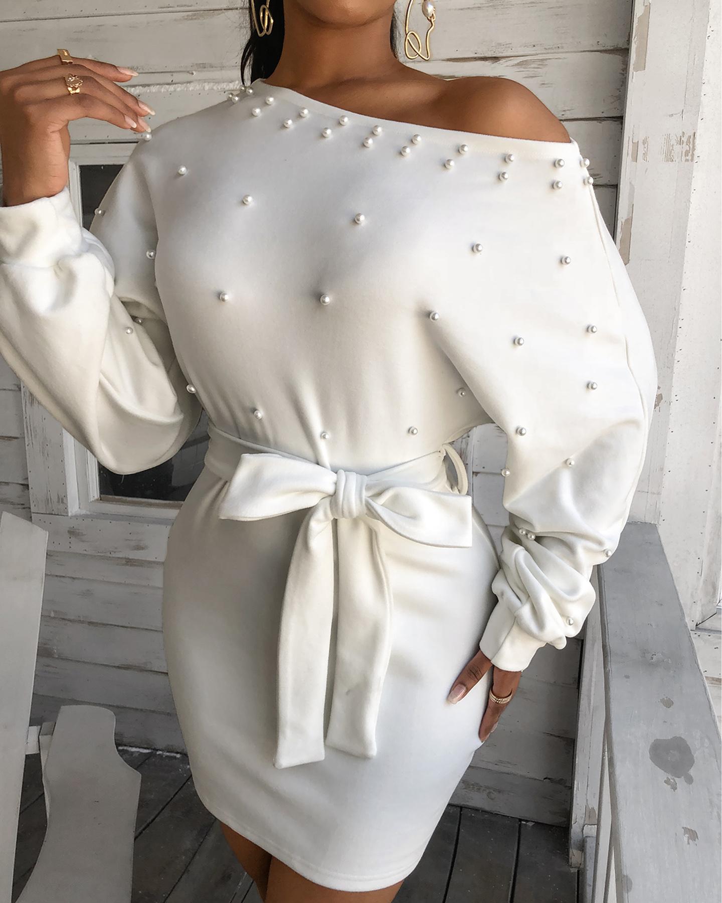 

Beaded Batwing Sleeve Knit Long Sleeve Dress, White