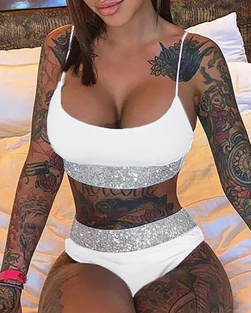

U-Neck Sleeveless Rhinestone Decor Bikini Set, White
