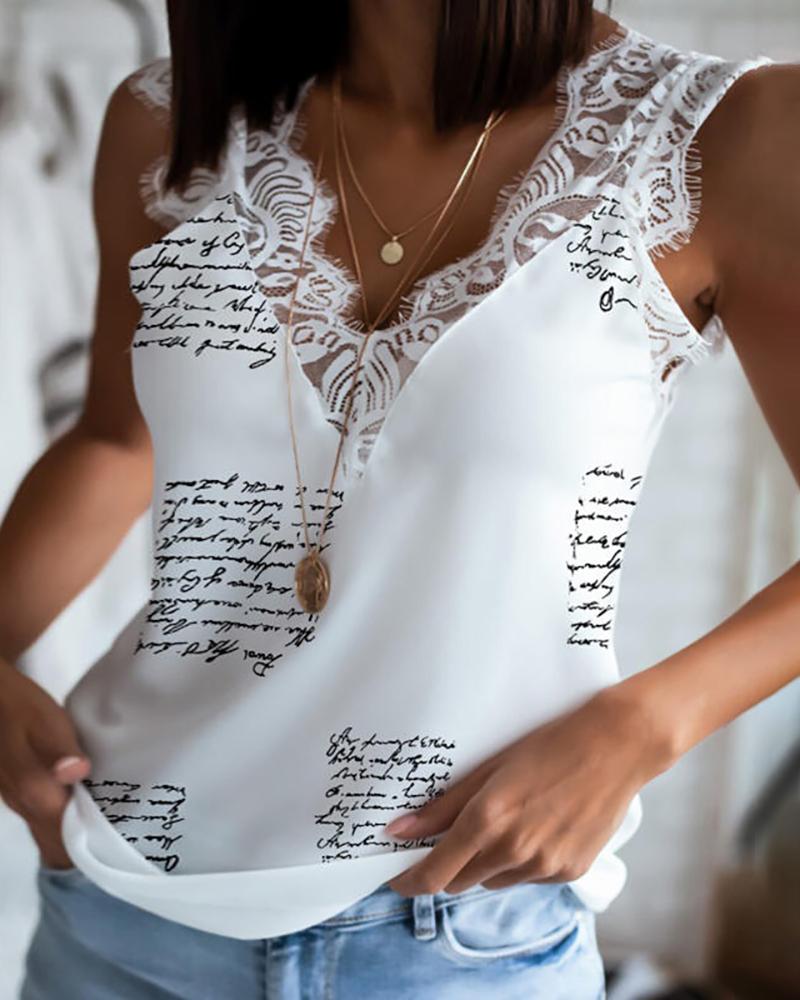 

Eyealsh Lace Trim Letter Print Top, White