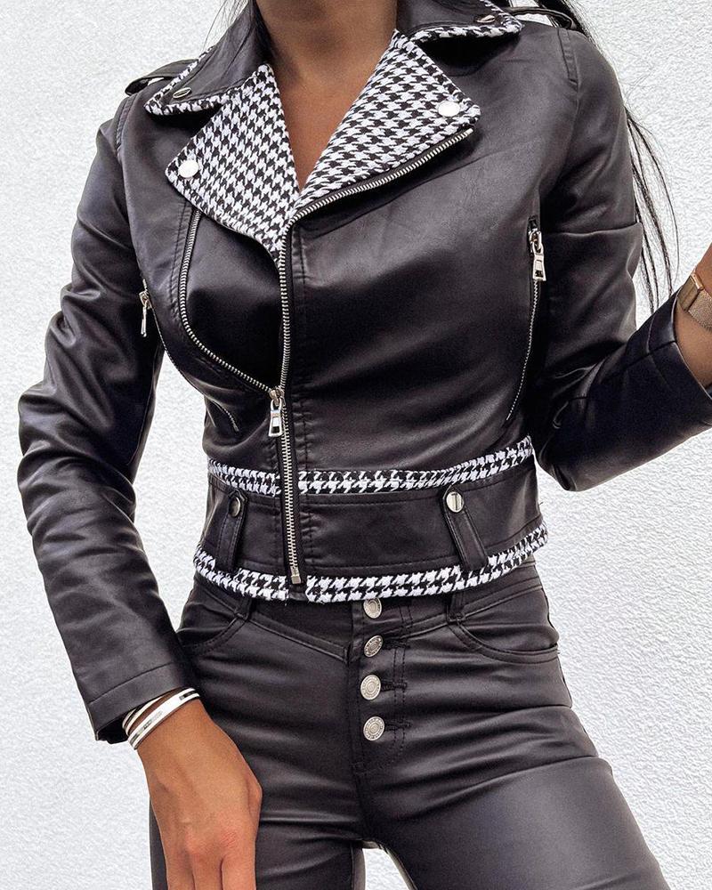 

Houndstooth Print PU Leather Zip Biker Jacket, Black