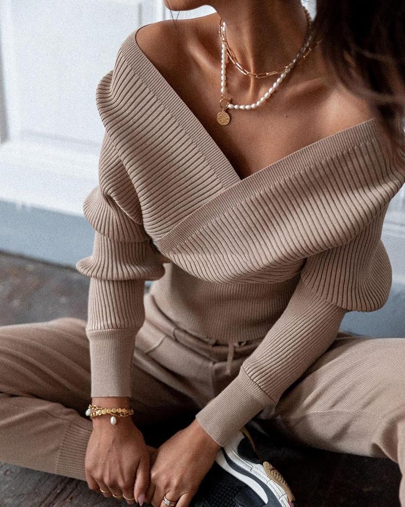 

V-Neck Long Sleeve Knit Wrap Top, Apricot