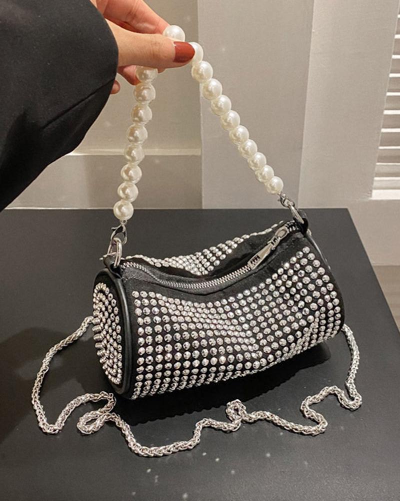 

Pearls Chain Strap Rhinestone Bucket Bag, Black