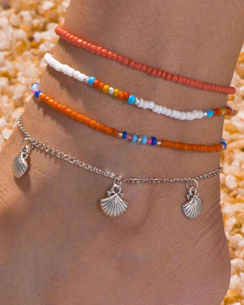 

4pcs Beaded Shell Tassel Bohemian Anklets Set, Orange