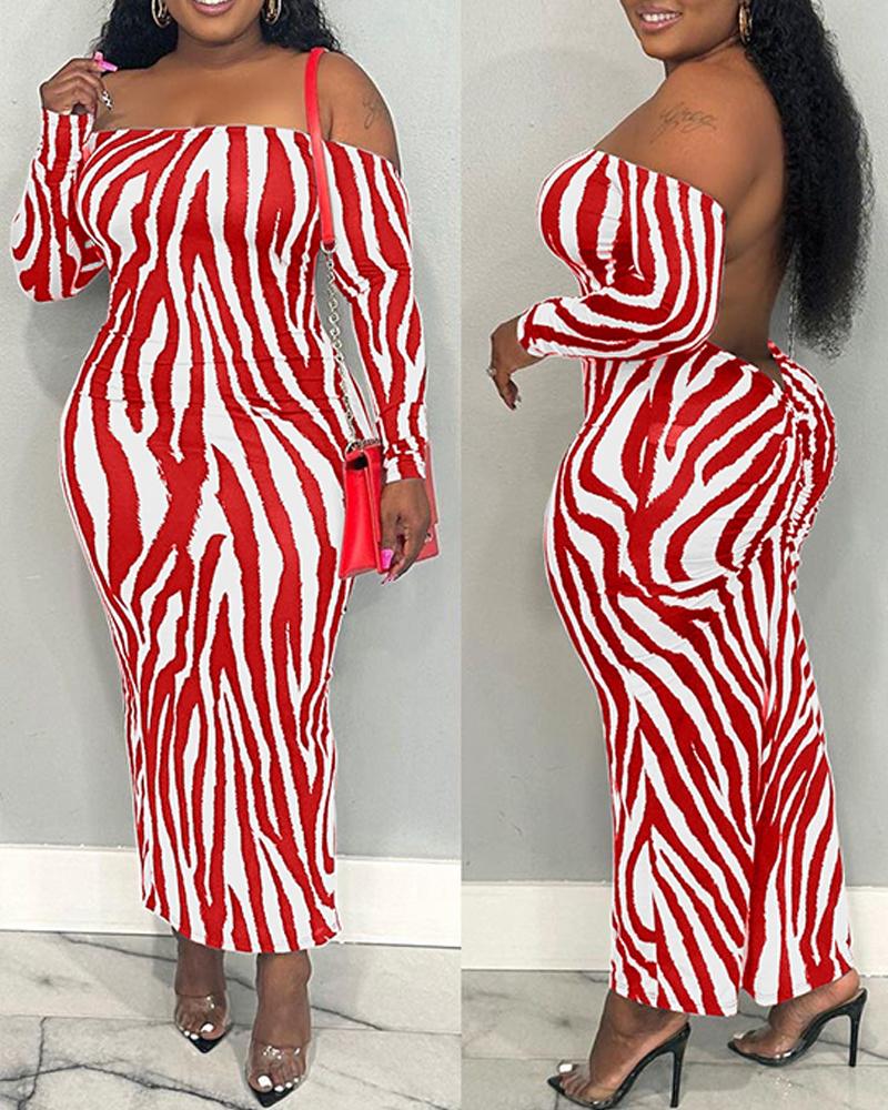 

Abstract Off Shoulder Backless Maxi Dress, Red