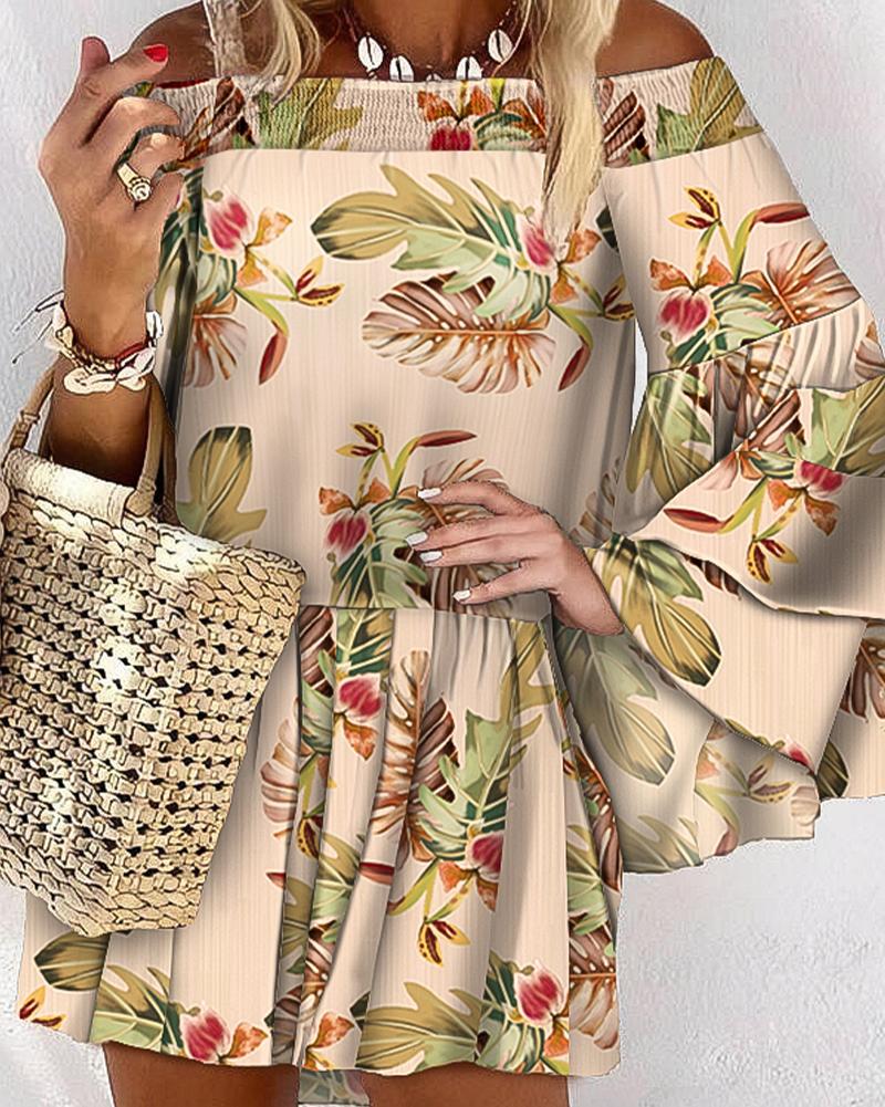 

Off Shoulder Floral Print Long Sleeve Dress, Multicolor
