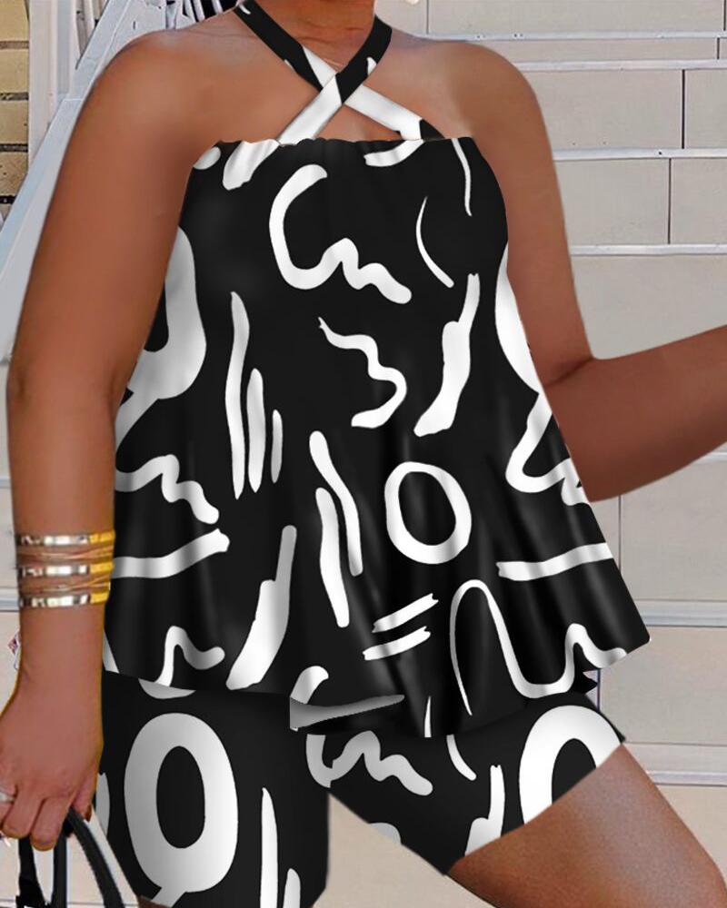 

Plus Size Abstract Print Cross Halter Top & Shorts Set, Black