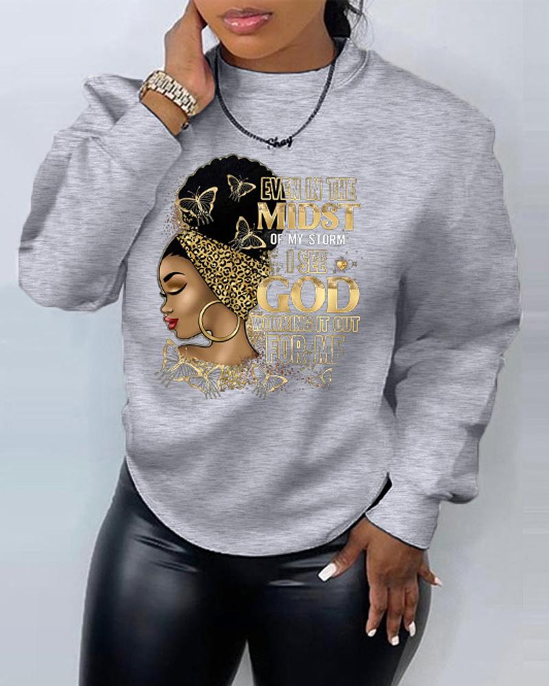 

Plus Size Figure Letter Print Long Sleeve Sweatshirt, Gray