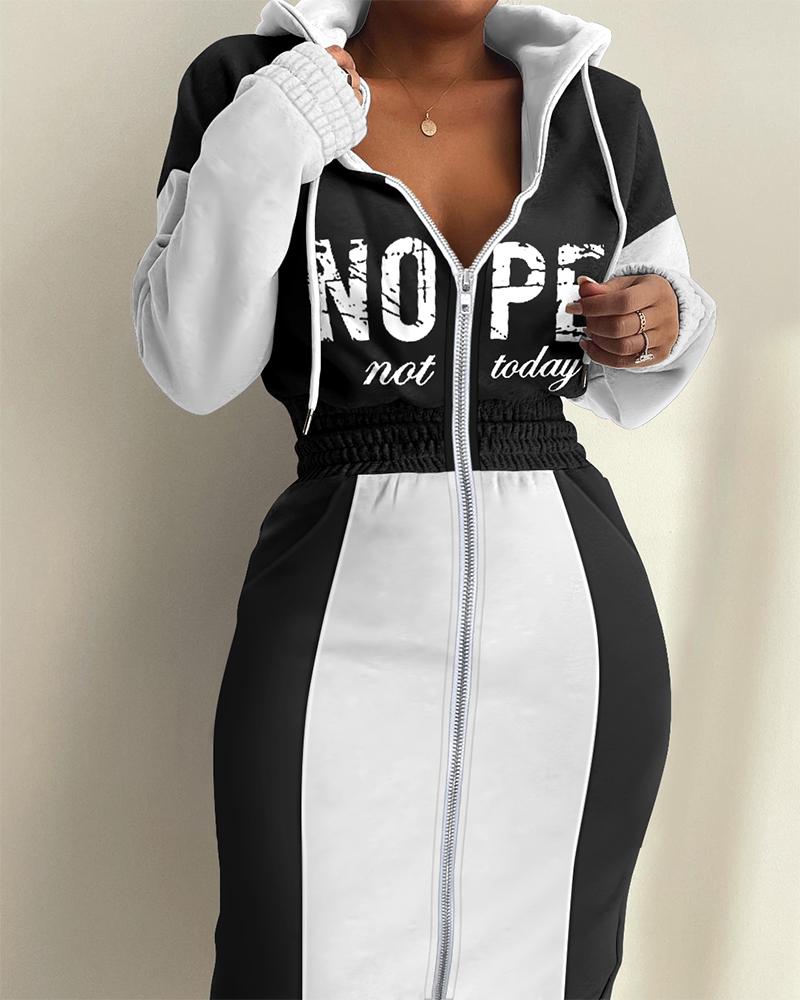 

Letter Print Colorblock Zip Front Hooded Sweatshirt Dress, Blackwhite