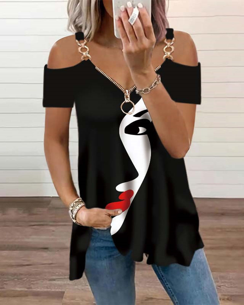 

Abstract Figure Print Cold Shoulder Top, Black