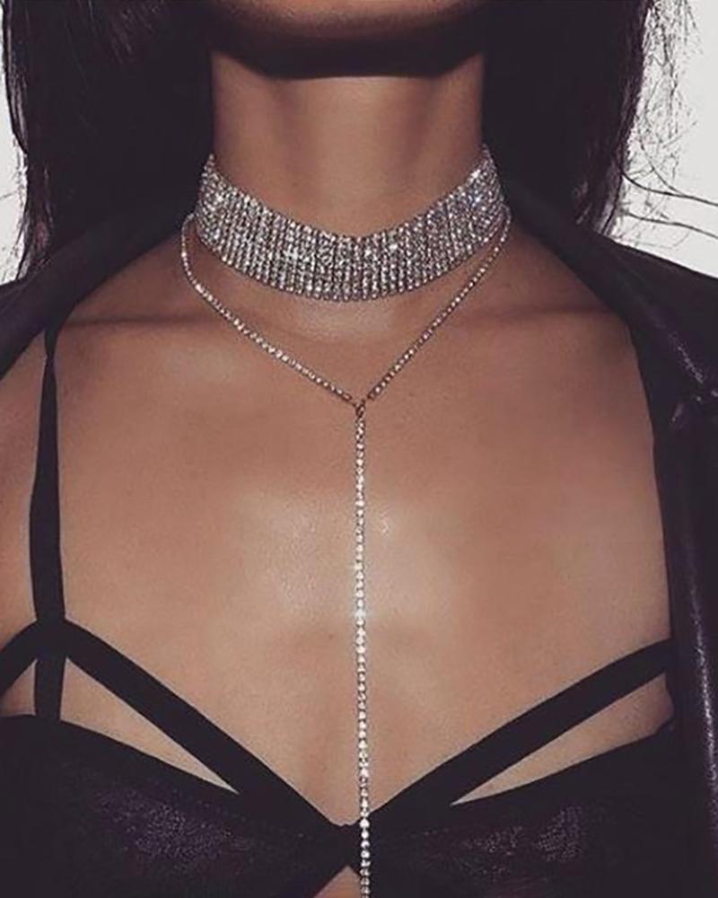 

Tassel Design Rhinestone Layered Choker Necklace, Silver