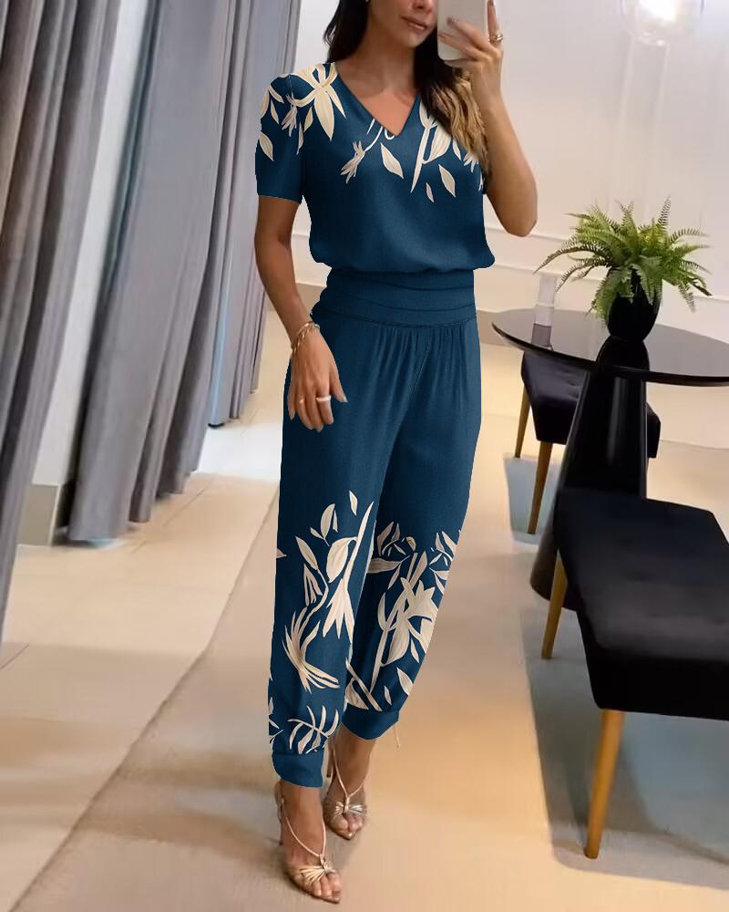 

Plants Print T-shirt & Cuffed Pants Set, Blue