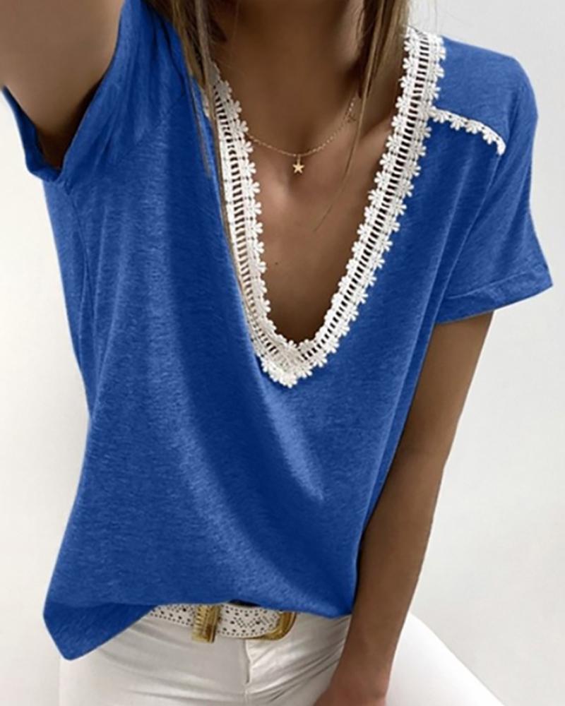 

V-neck Crochet Lace Casual T-shirt, Blue