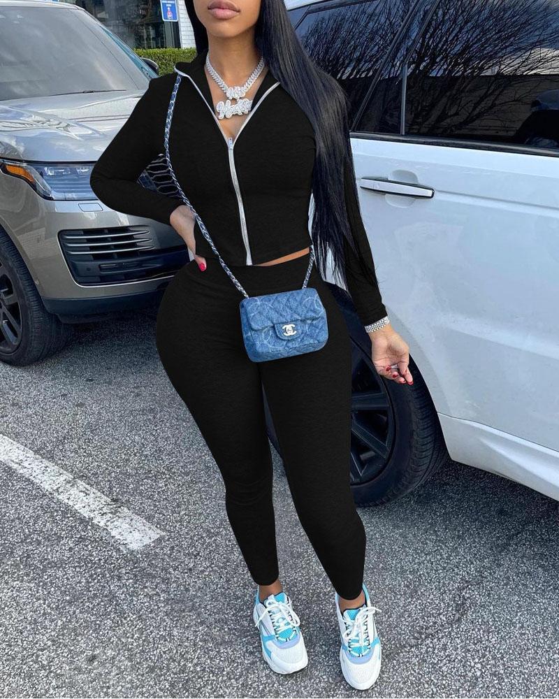 

Long Sleeve Zip Up Crop Top & Pants Set, Black