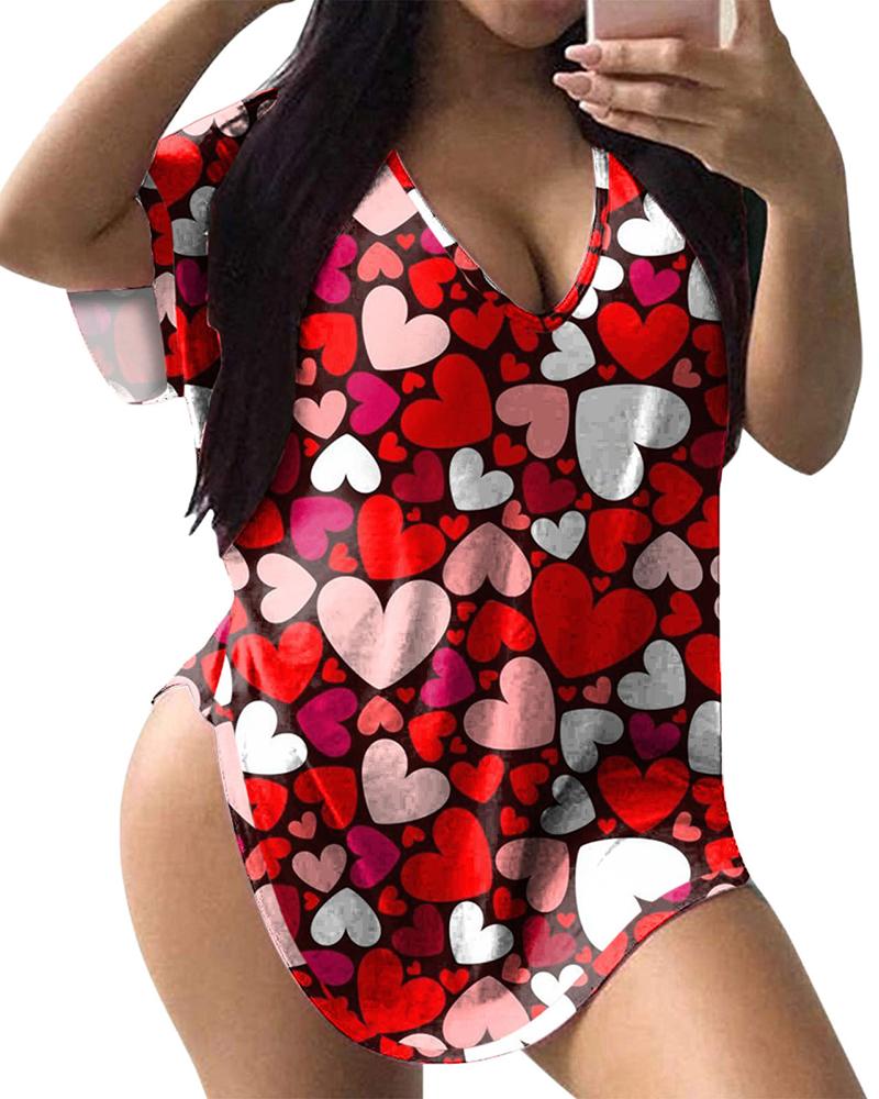 

Colorblock Heart Print V Neck Top, Red