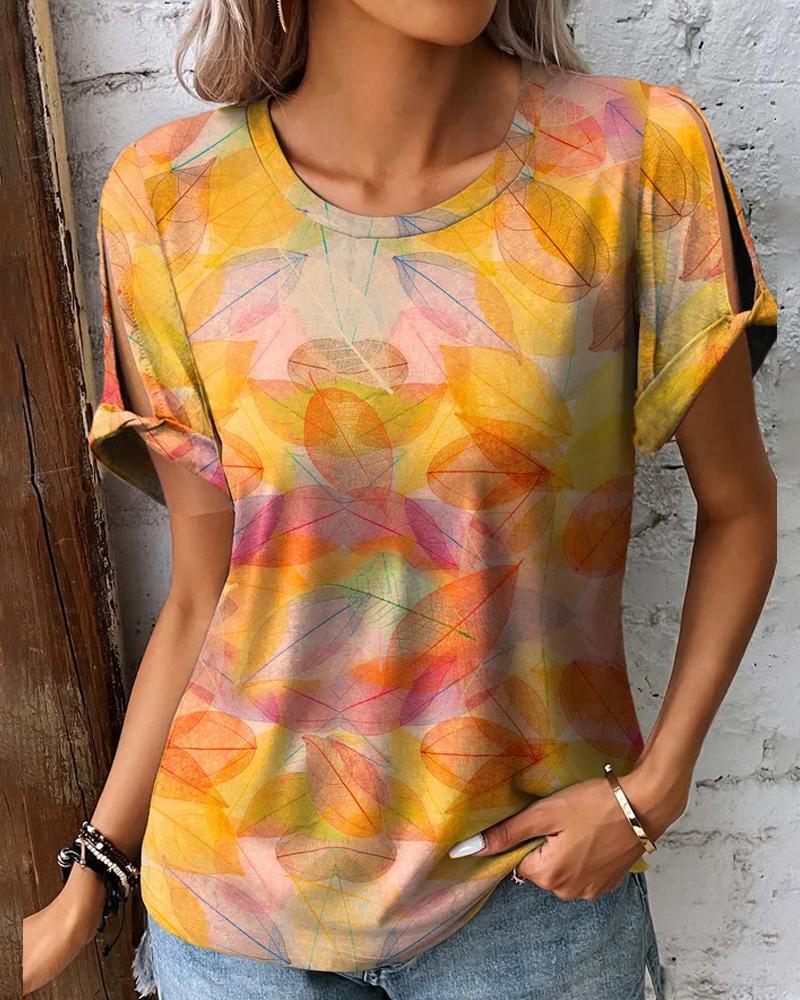 

Leaf Print Round Neck Split Sleeve T-shirt, Yellow
