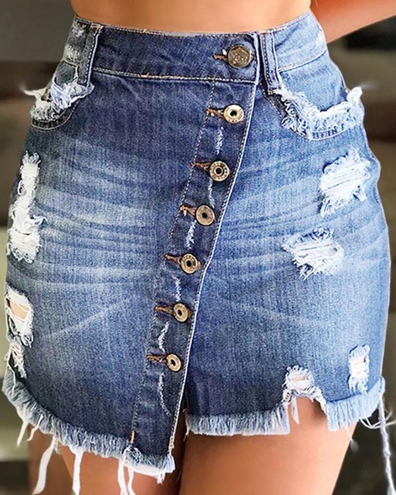 

Ripped Cutout Fringe Hem Buttoned Denim Skirt, Blue