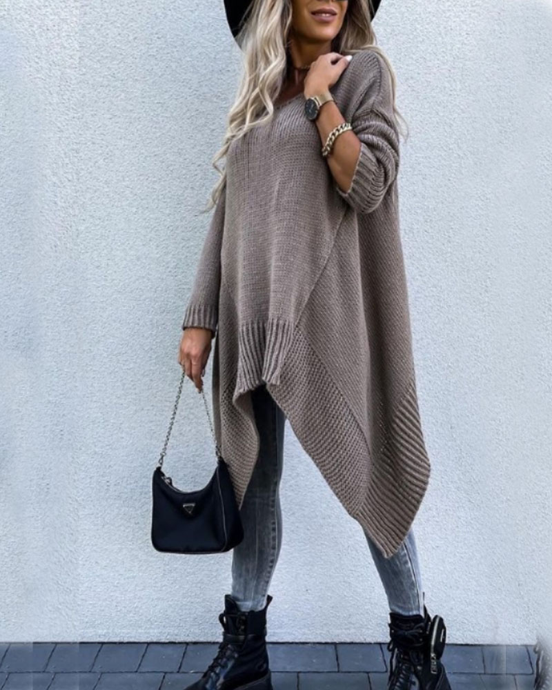 

Long Sleeve Chunky Knit Asymmetrical Sweater, Style1