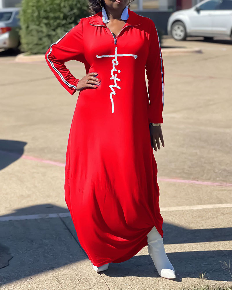 

Plus Size Letter Print Zip Front Long Sleeve Dress, Red