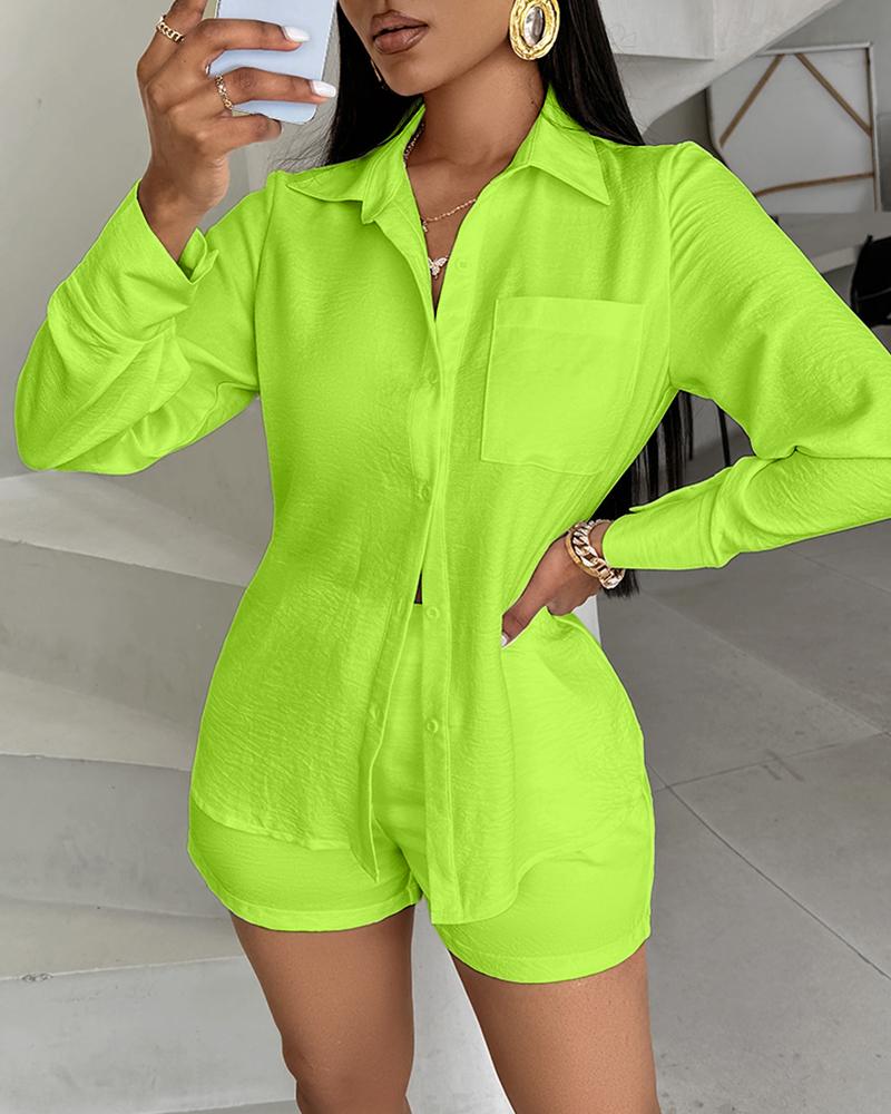 

Pocket Design Buttoned Top & Shorts Set, Green