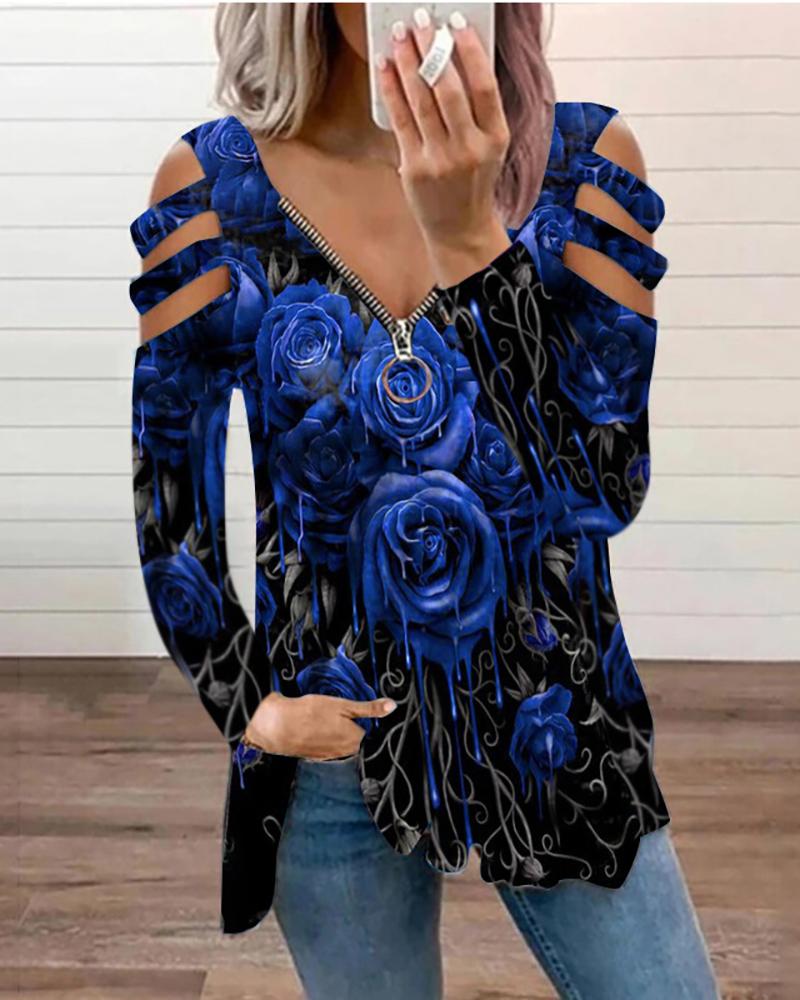 

Floral Print Cutout Zipper Design Top, Blue