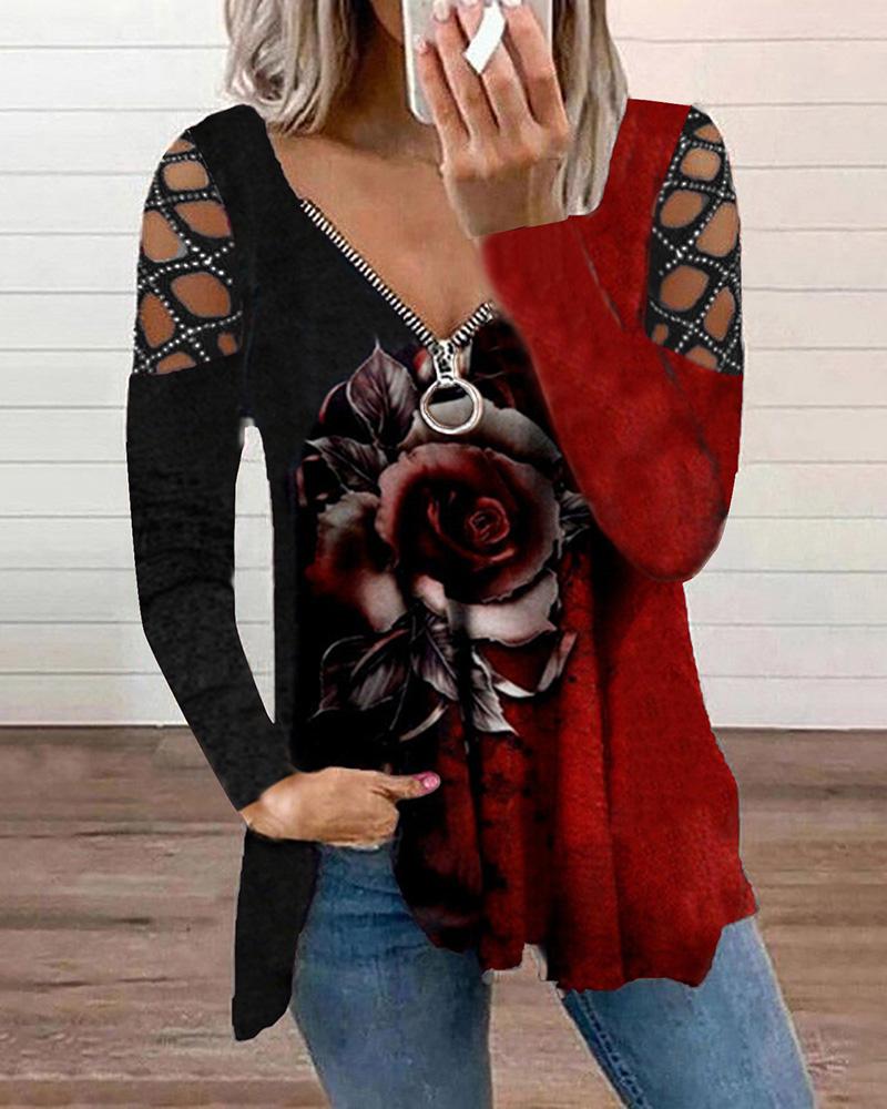 

Cutout Rhinestone Zipper Design Floral Print Colorblock Top, Red