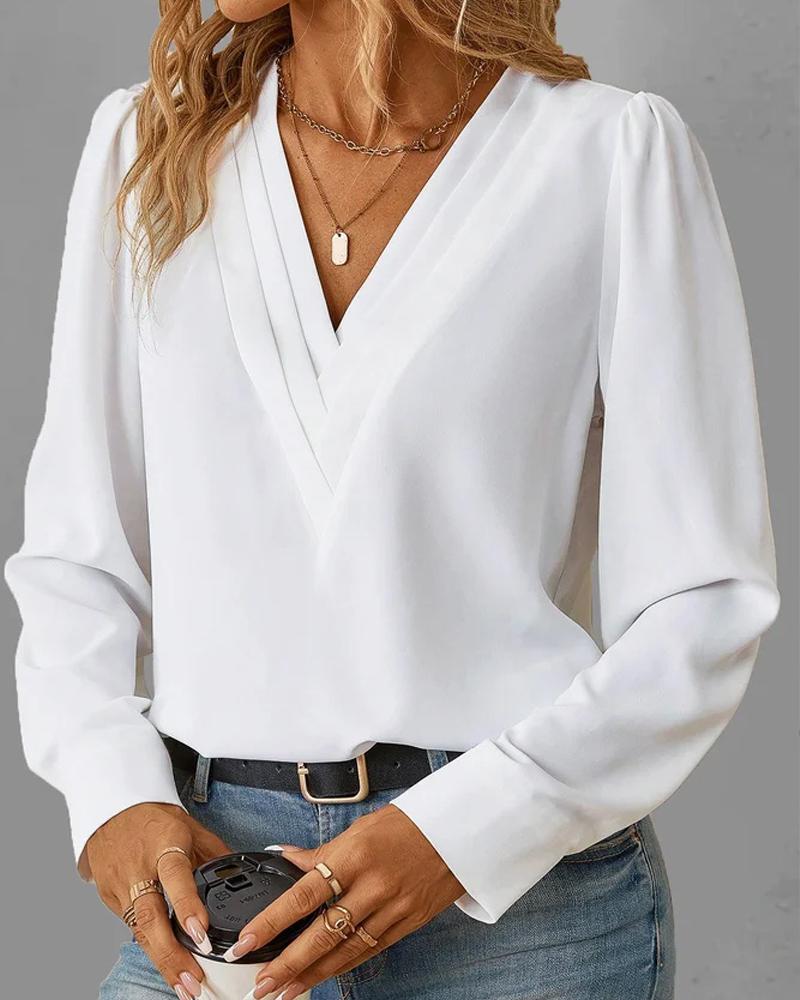

Ruched V-Neck Long Sleeve Blouse, White