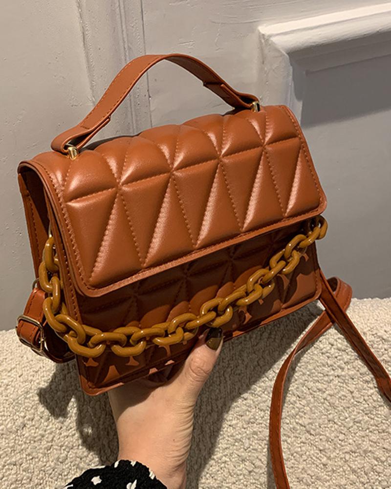 

Quilted Chain Strap Flap Magnetic Satchel Bag, Light brown