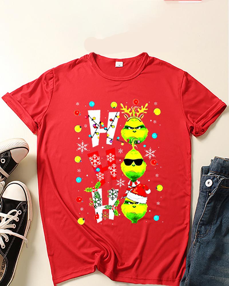 

Christmas Grinches Letter Snowflake Print Short Sleeve Top, Red