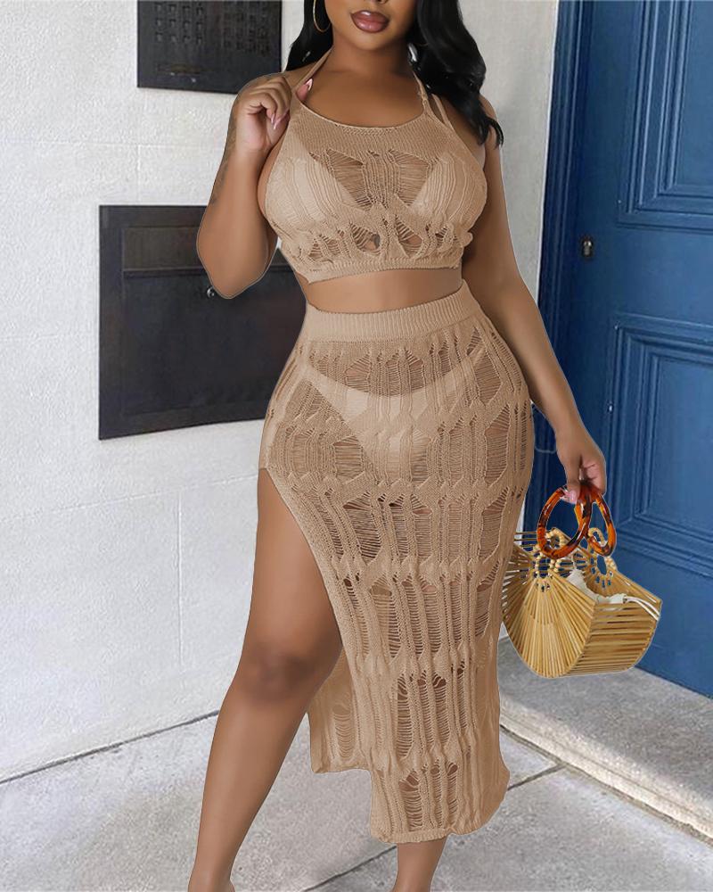 

Hollow Out Crochet Cover Up Crop Top & Slit Skirt Set, Beige
