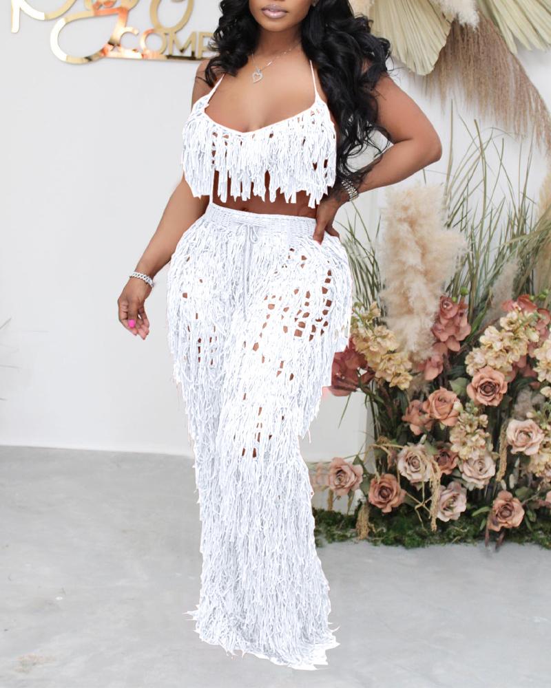 

Halter Tassel Design Crochet Bikini Top & High Waist Pants Set, White