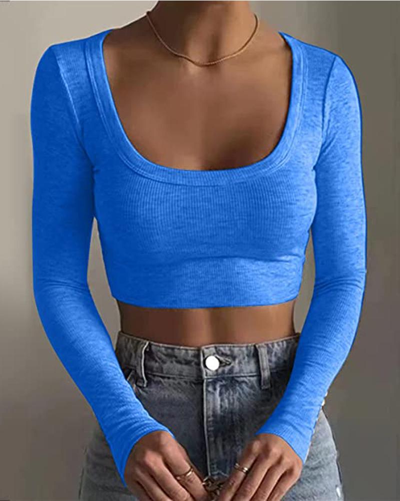 

Long Sleeve U-Neck Crop Top, Blue