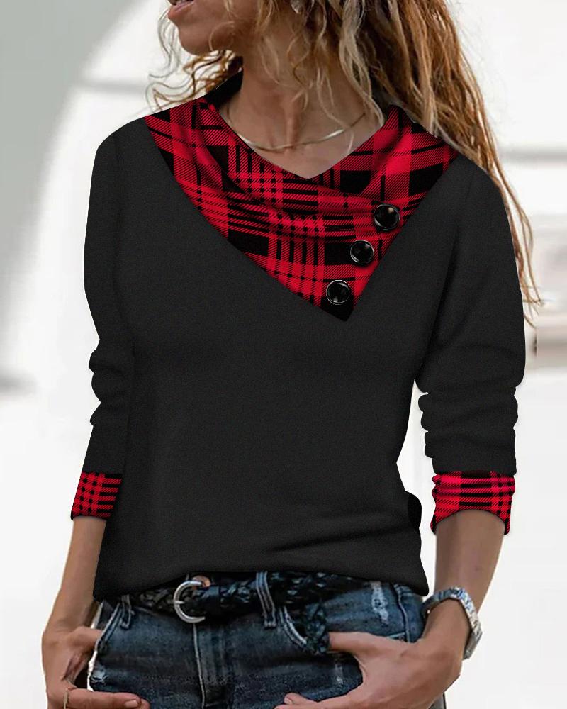 

Contrast Plaid Button Decor Long Sleeve Top, Black