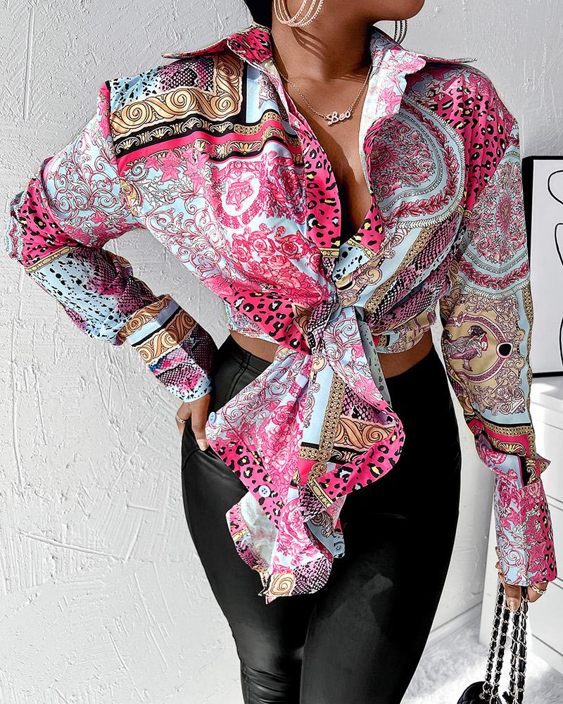 

Scarf Print Tie Front Long Sleeve Shirt, Multicolor