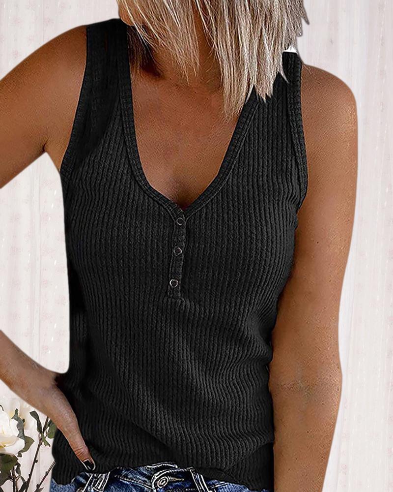 

Plain Button Design Sleeveless Tank, Black