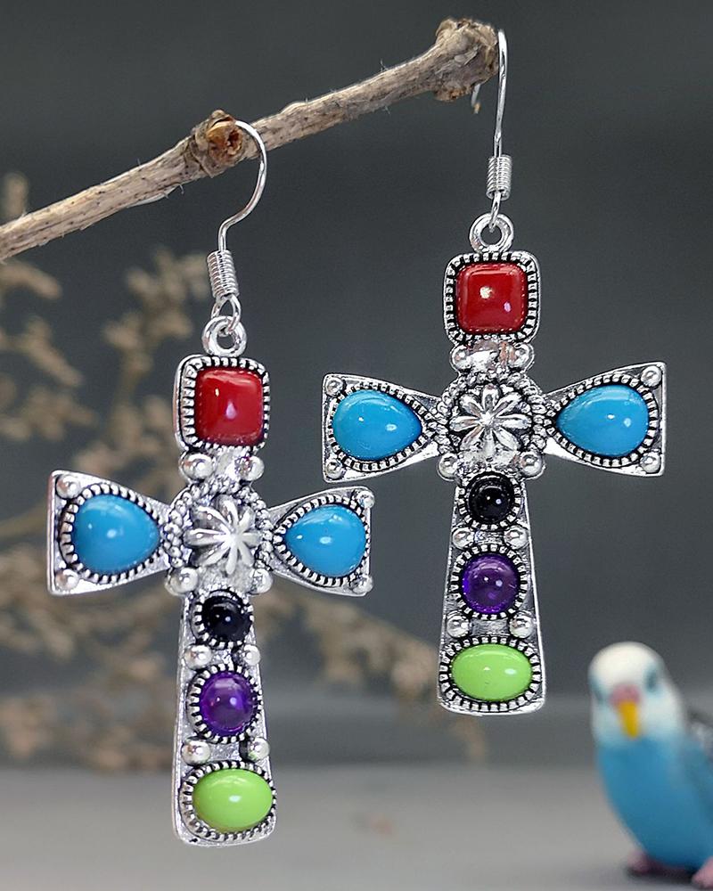 

1Pair Bohemian Turquoise Cross Drop Earrings, Multicolor
