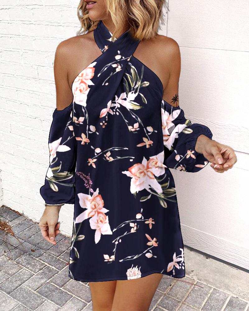 

Floral Print Cold Shoulder Casual Dress, Black