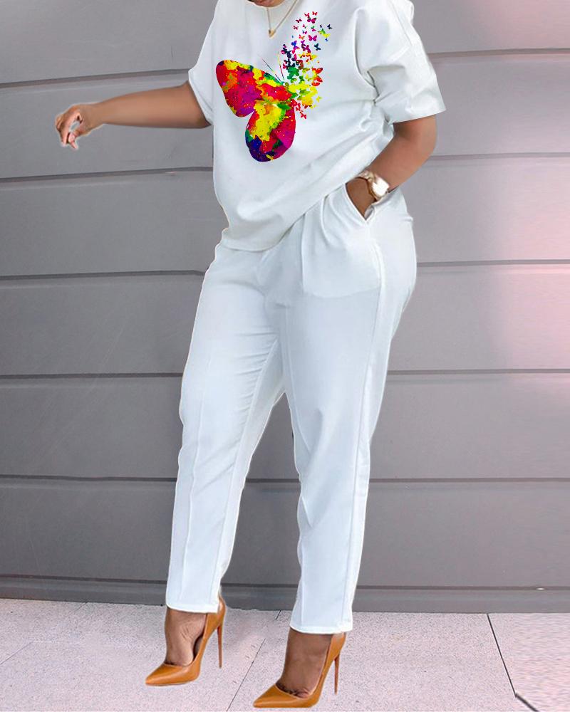

Butterfly Print Casual T-shirt & Pants Set, White