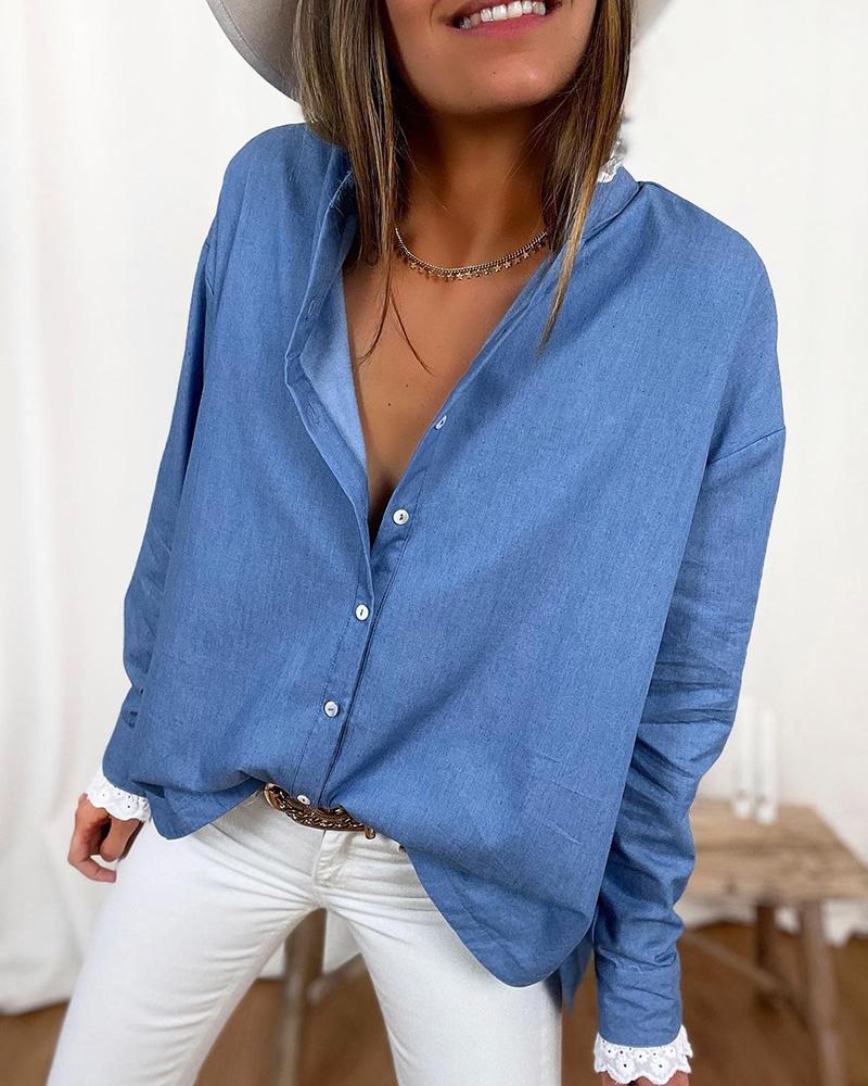 

Lace Trim Long Sleeve Button Design Top, Blue