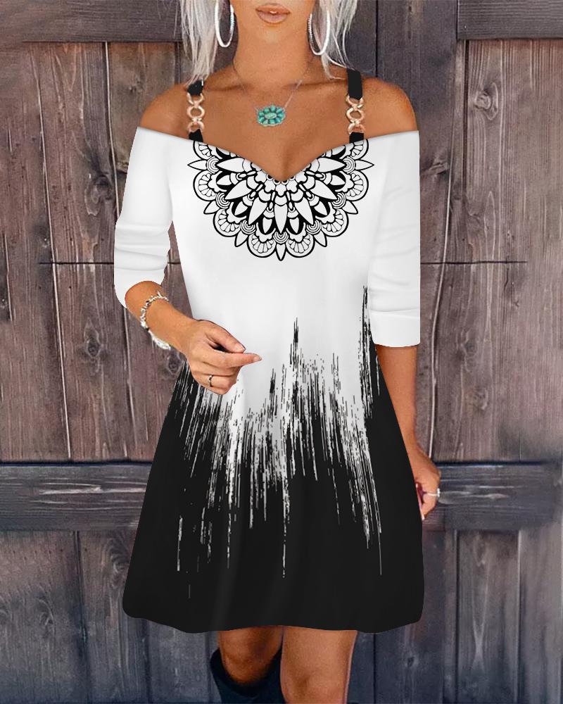 

Tribal Print Cold Shoulder Casual Dress, Blackwhite