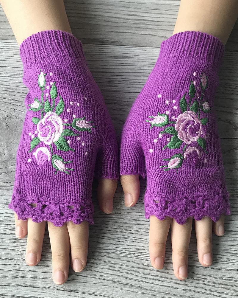 

1Pair Floral Embroidery Hollow Out Fingerless Knit Gloves, Purple