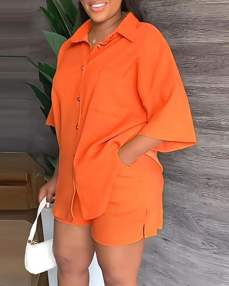 

Casual Button Down Shirt & Shorts Set, Orange