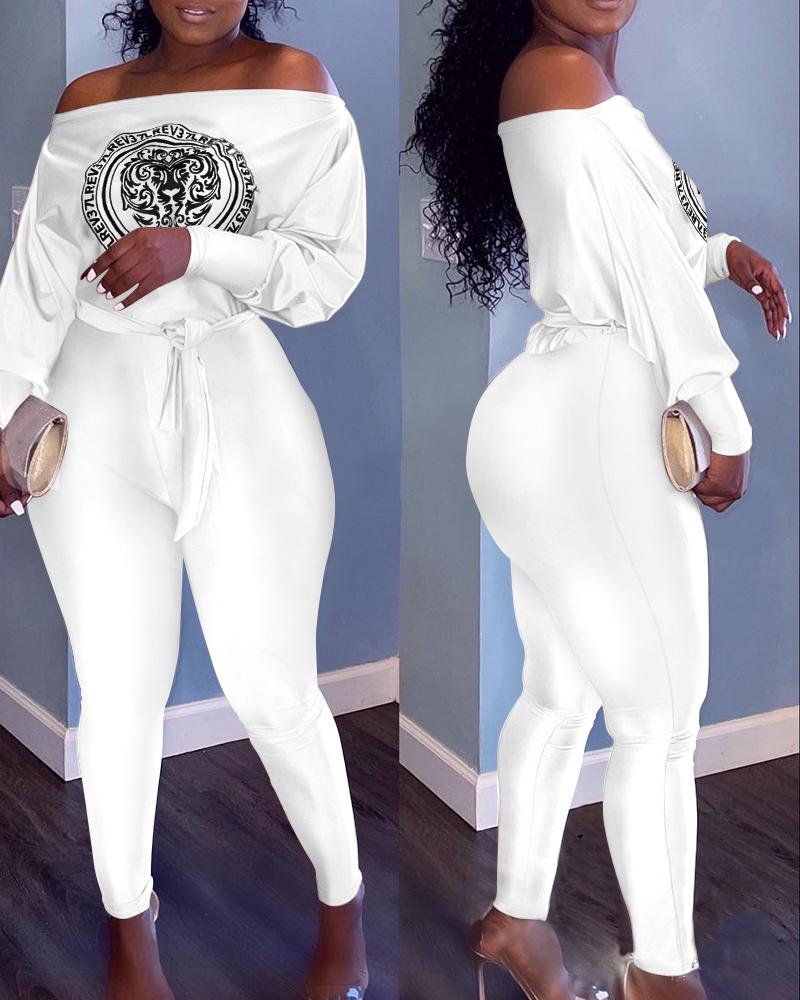 

Letter Graphic Print Off Shoulder Belted Jumpsuit, White