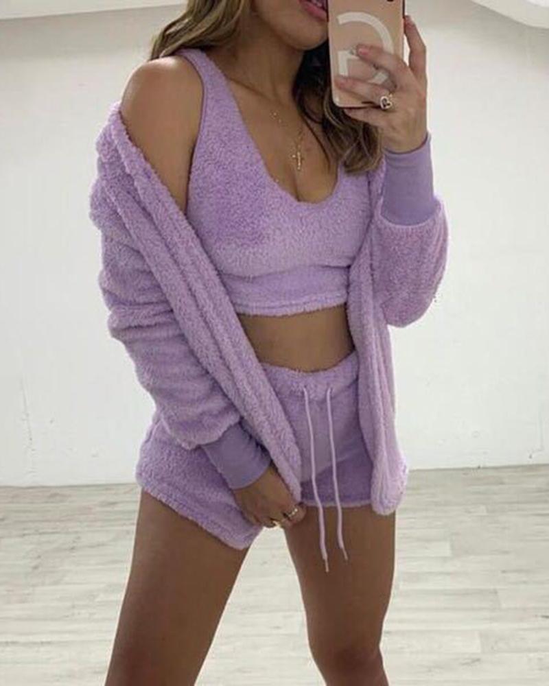 

Fuzzy Tank Top & Shorts Set With Cardigan, Purple