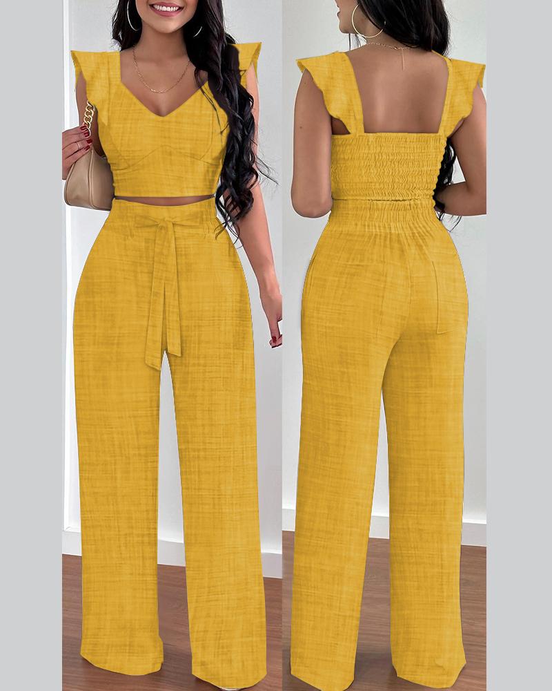 

Ruffle Hem Shirred Crop Top & High Waist Pants Set, Yellow