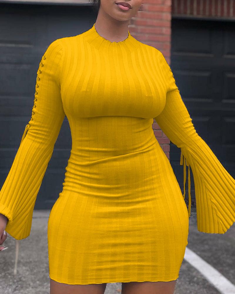 

Eyelet Lace Up Bell Sleeve Knit Bodycon Dress, Yellow