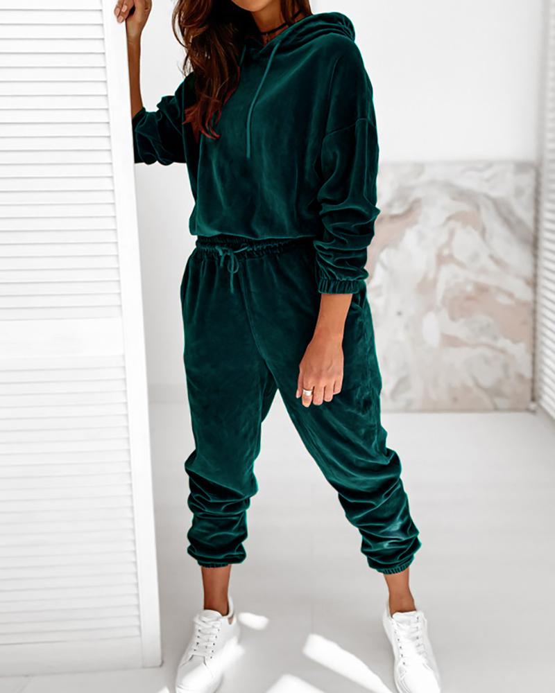 

Plain Long Sleeve Hooded Top & Drawstring Pants Set, Dark green