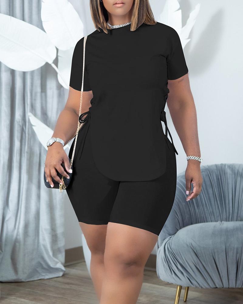

Plus Size Grommet Eyelet Lace-up Top & Shorts Set, Black
